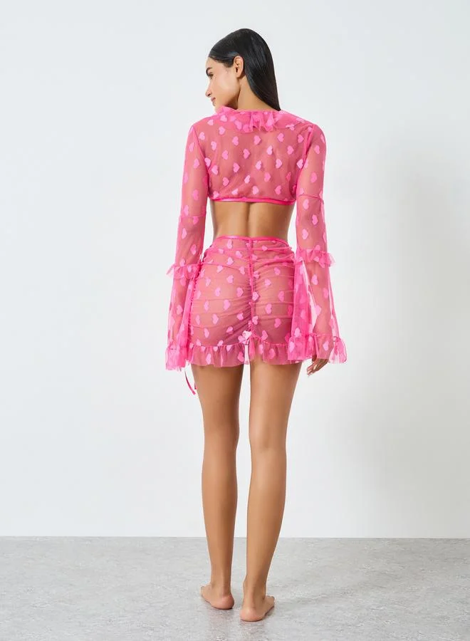 Styli  Pack of 3 - Heart Mesh Pattern Flared Top, Ruffle Skirt and Brief for Women | Best Price UAE
